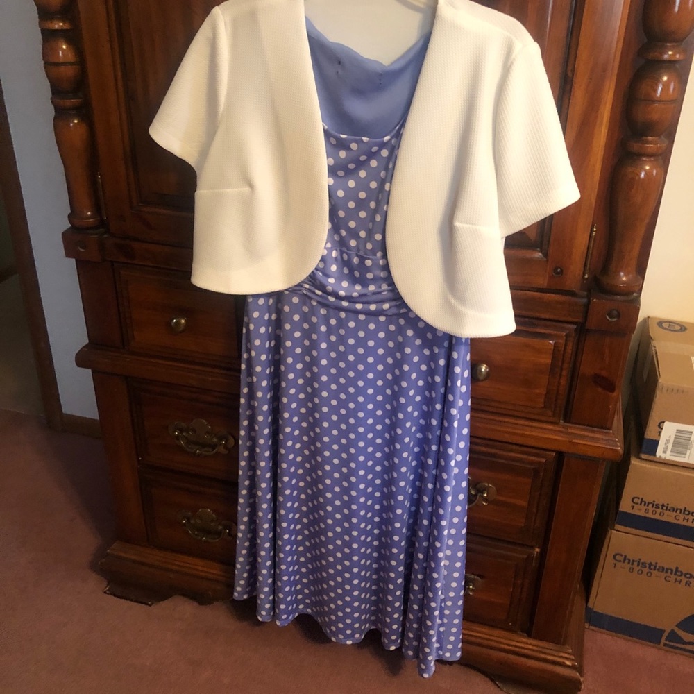 Blue polka dot dress with white jacket dress